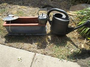 lot 83 image: PLANTER, WATERING CAN, WELCOME YARD STAKE, METAL TEA POT