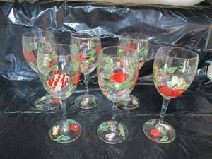 lot 156 image: HAND PAINTED FRUIT THEMES WINE GLASSES