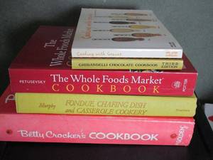 lot 229 image: BETTY CROCKER COOKBOOK, GHIRARDELLI CHOCOLATE COOKBOOK, THE WHOLE FOODS MARKET COOKBOOK, FONDUE CHAFING DISH & CASEROLE COOKERY,