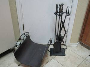 lot 259 image: FIREPLACE TOOL SET WSTAND &amp FIREPLACE LOG HOLDER