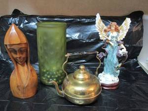 lot 270 image: VINTAGE TEA POT , WOOD SCULPTURE , STANDING ANGEL DECOR