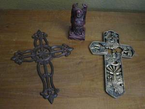 lot 304 image: METAL WALL HANGING CROSS DECOR &amp BUDDHA STATUE&nbsp