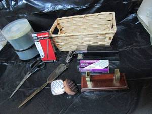lot 313 image: VINTAGE LETTER OPENER, CDS, BASKET, OFFICE SUPPLIES, NIGHT LIGHTS