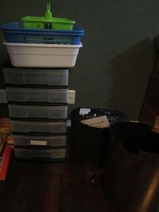 lot 324 image: 6 DRAWER STORAGE UNIT, PAPER SHREDDER, PLASTIC BINS, SHREDDER BIN