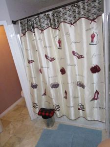 lot 297 image: SHOWER CURTAIN, ACCESORIE SHOWER HOOKS, BATH MATS, TRASH BIN, FLANNELS