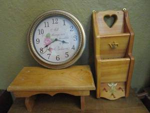 lot 320 image: WOODEN STOOL, WALL CLOCK, WALL HANGING MAIL ORGGANIZER