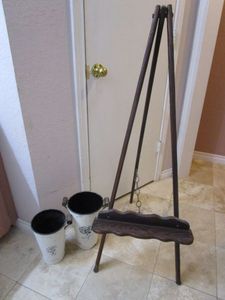 lot 331 image: WOOD DISPLAY EASEL &amp DECOR TIN PAILS