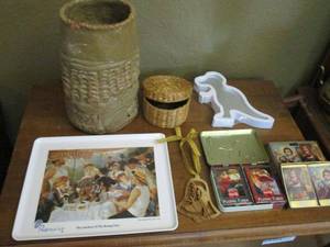 lot 336 image: DURATONE PLAYING CARDS, COCA-COLA PLAYING CARDS UNOPENED, CERAMIC POT, WICKER BASKET, NEW DINOSAUR MIRROR, SERVING TRAY, WOODEN BELL