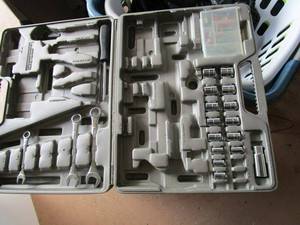 lot 346 image: PLASTIC TOOL STORAGE CASE W 3 WRENCHES, SOCKET SET & HARDWARE