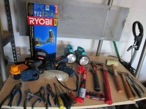 lot 418 image: RYOBI DRILL IN BOX, RYOBI DRILLS, CHARGERS, FLASHLIGHTS, HAMMERS, PLIERS, MULTI TOOL, &amp MORE