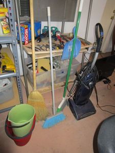 lot 435 image: BROOMS, CLEANING BUCKETS,VACUUM