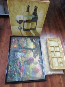 lot 365 image: PAINTING OF WINE GLASS & WINE BOTTLES, FRAMED PUZZLE, PICTURE FRAMES