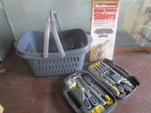 lot 382 image: TOOLS, FURNITURE SLIDERS IN BOX, HAND BASKET