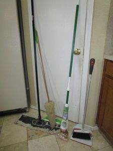 lot 415 image: HOUSE CLEANING TOOLS- DRY MOP, BROOM SET, LIMAN MOP, SWIFFER, &amp DUSTER.