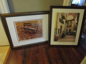 lot 416 image: ART WORK- CUSTOM FRAMES MATTED ARTWORK OF BENCH IN FALL LEAVES, FRAMED ARTWORK OF ALSACE, FRANCE SIGNED&nbsp