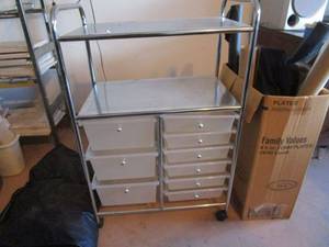 lot 403 image: STORAGE CART ON WHEELS WDRAWERS, BOX OF FABIC ROLLS, AIR MATTRESS.