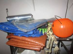 lot 437 image: CONTENTS ON SHELF- TARPS, HALLOWEEN DECOR, MISC.