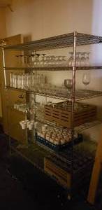 lot 213 image: Large Quantity of Glassware, Cups & Mugs (Over 150 Pieces) Includes Metal Shelf