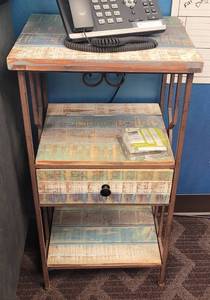 lot 12 image: 3 TIER END TABLE WITH DRAWER IN DESIGN AND COLOR AS SHOWN. APPROX. 16 w X 13.5 d X 29.75 h.