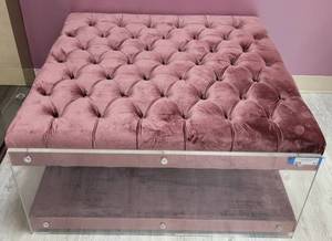 lot 57 image: VELVET TUFTED OTTOMAN WITH ACRYLIC SIDES AS SHOWN. APPROX. 35 W x 35 L x 15 H.