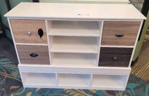 lot 68 image: 2-SECTION STORAGE CABINET WITH CUBE BOOKCASE AS SHOWN. APPROX. 47.5 W x 15 D x 36 H.
