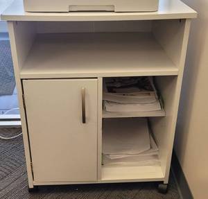 lot 117 image: MOVABLE PRINTER STAND WITH STORAGE CABINET AS SHOWN. APPROX. 23 L x 19 W x 29 H.