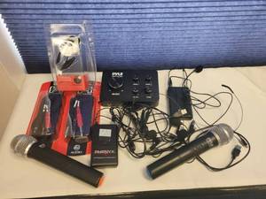 lot 226 image: PYLE HOME THEATER KARAOKE MICROPHONE SYSTEM AND ASSORTED GADGETS AS SHOWN.