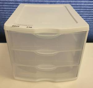 lot 236 image: STERILITE 3-DRAWER STORAGE UNIT AS SHOWN.