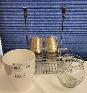 lot 248 image: SHOWER BASKET, VASES, AND ACCESORIES.