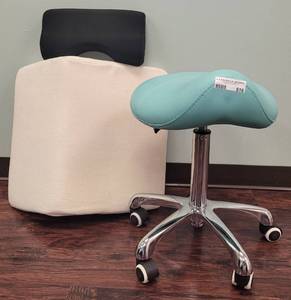 lot 516 image: SALON SADDLE STYLE STOOL PLUS CUSHIONS AS SHOWN.