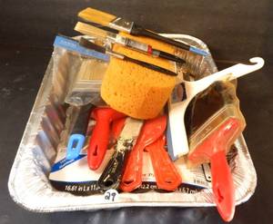lot 29 image: ASSORTED LOT OF MOSTLY NEW PAINTERS BRUSHES  TOOLS AS SHOWN $$