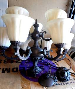 lot 38 image: Stunningly Detailed Cast Iron Vintage Chandelier w Unique Thick Sconces $$$
