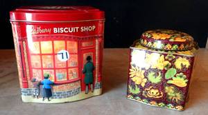 lot 72 image: EXTREMELY COLLECTABLE VICTORS VOICE ROUND COLLECTORS TIN PLUS BRADBURY BAKERS SHOP & MORE