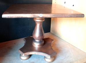 lot 95 image: BIG $ ITEM - Vintage Ethan Allen Antiqued Pine Square Pedestal Cocktail Table