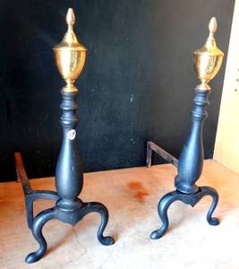 lot 110 image: AWESOME PAIR OF VINTAGE FIREPLACE ANDIRONS - BLACKGOLD