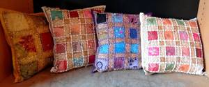 lot 133 image: FUN VINTAGE HAND STITCHED BRIGHTLY COLORED BEADED THROW PILLOWS