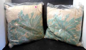 lot 141 image: NEW LOT OF 2 TEAL & BEIGE EMBROIDERED PILLOWS STILL IN PLASTIC COVERS
