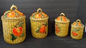 lot 144 image: VINTAGE FRUIT THEMED WITH WICKER PATTER CONDIMENT CONTAINERS
