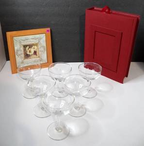 lot 183 image: MISCELLANEOUS LOT - GLASSWARE, STORAGE BOX, AND HOT PLATE STAND