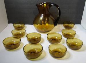 lot 184 image: BIG $ ITEM -  VERY COLLECTABLE HAND BLOWN BLINKO GLASS PITCHER AND MATCHING BOWLS - LOOK THESE UP 