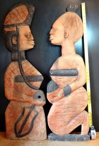 lot 200 image: INCREDIBLE HAND CARVED AFRICAN THEMED WALL HANGING ART PAIR - LARGE MEASURES APPROX 40 TALL