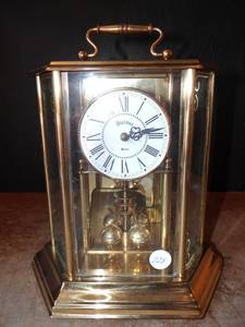 lot 228 image: BIG $ ITEM - Vintage Bulova Germany Anniversary Carriage Style Brass Quartz Clock $$$