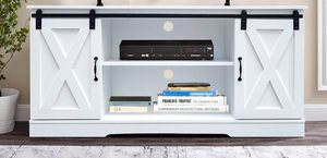 lot 251 image: White TV Stand w Sliding Barn Door TVs Up to 65 (Unassembled in Box, Big & Heavy, Bring Help)