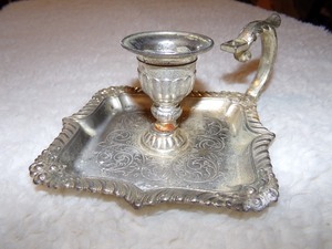 lot 124 image: VINTAGE ORNATE SILVER TONE HANDHELD CANDLE HOLDERSNUFFER