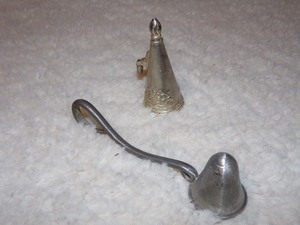 lot 155 image: 2 PIECE SILVER TONE CANDLE SNUFFER SET