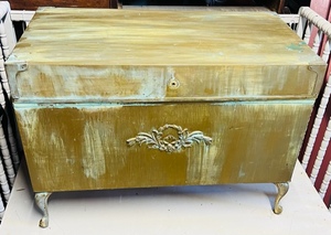 lot 5 image: Vintage Cedar Chest W Linens, Leather, and New Sheets and Pillow Slips