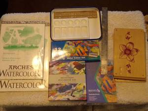 lot 47 image: Large Water Color Art Set Pads, Kits, Art Educational Books, Ruler & Wood Tablets