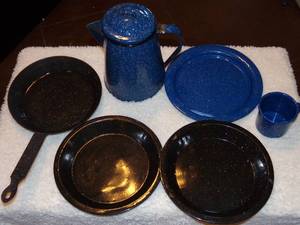 lot 196 image: Camping Enamel Blue & Black White Speckled Coffee Pot, Plates & Five Mugs