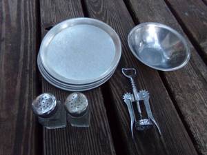 lot 220 image: 4 Steel Plates, Bowl, Salt & Pepper Shakers & Cork Screw