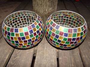 lot 225 image: Pair of Stained glass Mosaic Tiled Vases